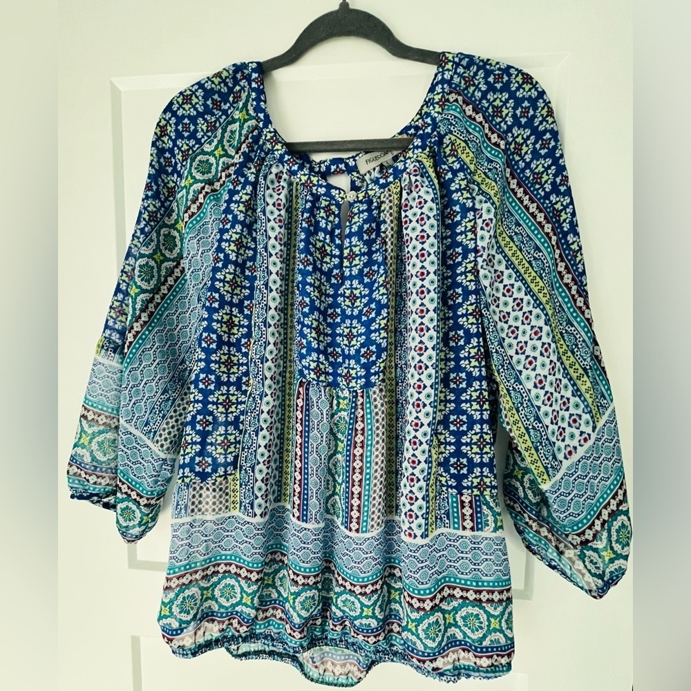 EUC‎ Figueroa & Flower Peasant Style Coastal Bohemian Blouse, Large